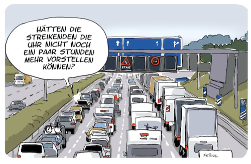 Cartoon: Streik Zeitumstellung (medium) by FEICKE tagged streik,verdi,öffentlicher,dienst,verkehr,bahn,bus,flug,protest,stau,auto,verkehrschaos,streik,verdi,öffentlicher,dienst,verkehr,bahn,bus,flug,protest,stau,auto,verkehrschaos