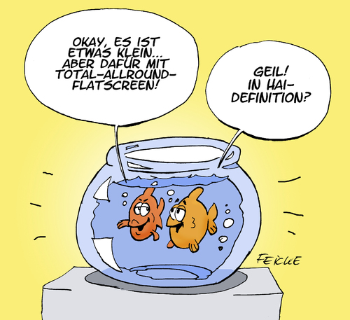 Cartoon: Total Flat Screen (medium) by FEICKE tagged medien,screen,fisch,goldfisch,flat,konsum,hype,groß,led,pc,medien,screen,fisch,goldfisch,flat,konsum,hype,groß,led,pc