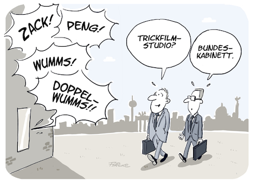 Cartoon: Trickfilm studio (medium) by FEICKE tagged bundesregierung,kabinett,sprache,scholz,spd,wumms,bundesregierung,kabinett,sprache,scholz,spd,wumms