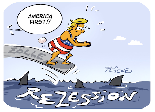 Cartoon: Trump Rezession First DEUTSCH (medium) by FEICKE tagged trump,usa,zölle,handelskrieg,rezession,china,kanda,mexiko,wirtschaft,trump,usa,zölle,handelskrieg,rezession,china,kanda,mexiko,wirtschaft