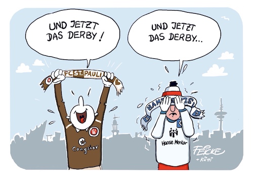 Cartoon: Und jetzt das Derby HSV FCSP (medium) by FEICKE tagged hamburg,hamburger,sportverein,hsv,fc,st,sankt,pauli,fußball,bundesliga,derby,fcsp,hamburg,hamburger,sportverein,hsv,fc,st,sankt,pauli,fußball,bundesliga,derby,fcsp