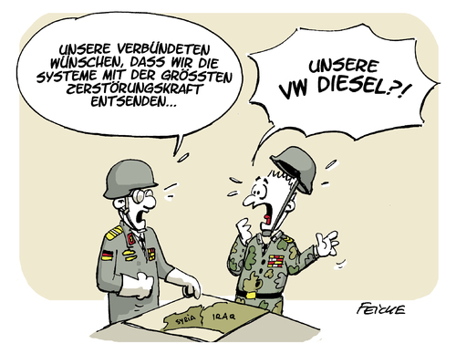 Cartoon: Waffensysteme (medium) by FEICKE tagged bundeswehr,syrien,krieg,einsatz,verteidigung,türkei,irak,is,vw,volkswagen,diesel,skandal,abgas,bundeswehr,syrien,krieg,einsatz,verteidigung,türkei,irak,is,vw,volkswagen,diesel,skandal,abgas