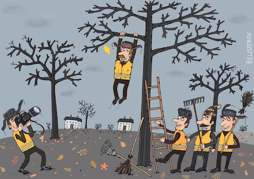 Cartoon: Das letzte Blatt (medium) by Sergei Belozerov tagged herbst,blatt,strassenfeger,autumn,leaf,janitor,yardman