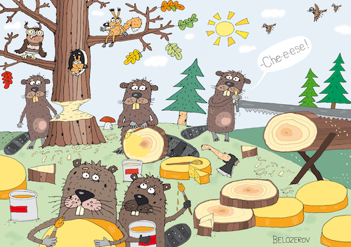 Cartoon: Käse (medium) by Sergei Belozerov tagged käse,cheese,käserei,käsefabrik,biber,beaver,holz,essen,naturalien,lebensmittel,bioprodukte