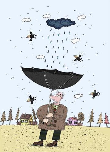 Cartoon: long awaited rain (medium) by Sergei Belozerov tagged crow,umbrella,rain,desert,drought