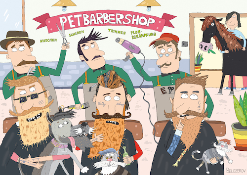 Cartoon: Petbarbershop (medium) by Sergei Belozerov tagged pet,petbarbershop,barbershop,frisuer,hairstyle,haarschnitt,schnurrbart,bart,hundesalon,hund,katze,pferd,friseursalon,coiffeur,animals,tiere,haustier