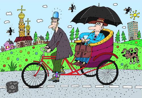 Cartoon: Regierungsfahrrad (medium) by Sergei Belozerov tagged rikscha,regierungswagen,blinker,umbrella