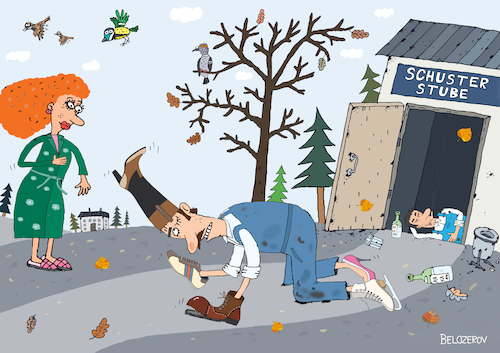 Cartoon: Schuhmacher (medium) by Sergei Belozerov tagged schuhmacher,schuster,shoemaker,boots,schuhe,alcohol,alkohol,betrunken,besoffen,alkoholiker,säufer,drunk