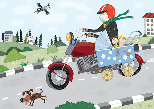 Cartoon: Seitenwagen (medium) by Sergei Belozerov tagged motorrad,biker,motorradfahrer,seitenwagen,beiwagen,kinderwagen,motorbike,sidecar,pram,babtcarriage,motorcycle,racing,rennsport,babysitting