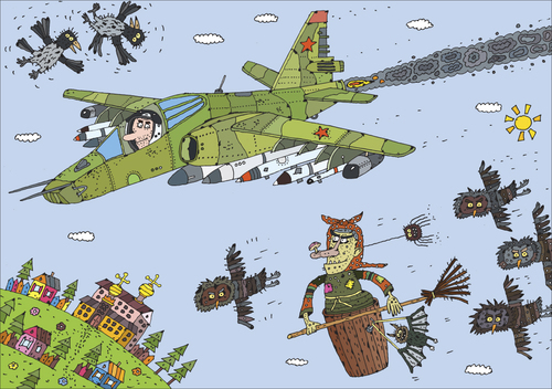 Cartoon: sky (medium) by Sergei Belozerov tagged owl,witch,fighter,airplane,sky