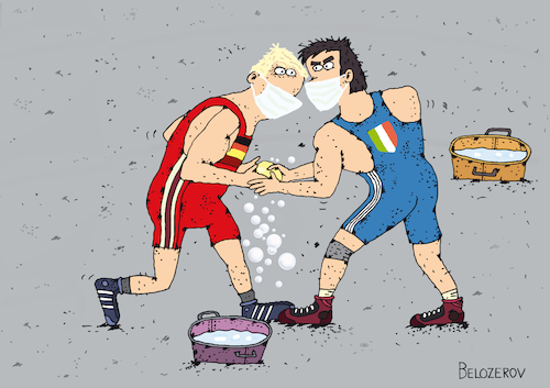 Cartoon: Training day (medium) by Sergei Belozerov tagged corona,coronavirus,illness,epidemia,mask,sport,wrestling,italy,germany,soap,water