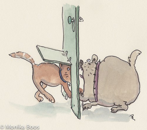 Cartoon: Katzentür (medium) by monika boos tagged katze,tür,door,dog,trap,falle