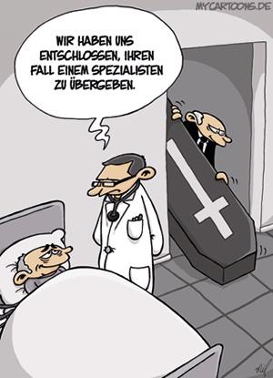 Cartoon: Spezialist (medium) by mil tagged arzt,patient,krankheit,krankenhaus,diagnose,tödlich,tod,bestatter,sarg,spezialist