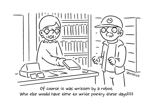 Cartoon: Robot the Writer (medium) by Vhrsti tagged robot,poetry,bookstore,clerk,book,poems,literature,writer,shop