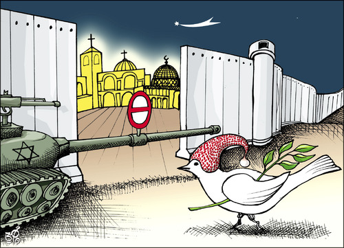 Cartoon: Christmas at Jerosalem (medium) by samir alramahi tagged peace,palestine,israel,ramah,cartooni,arab,politics,christmas,holy,land