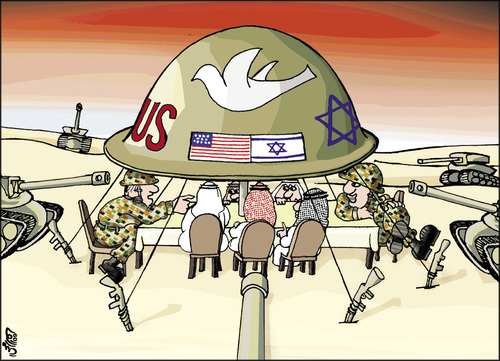 Cartoon: Peace on ground (medium) by samir alramahi tagged war,peace,negotiation,arab,israel,usa,ramahi