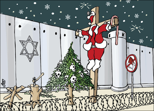 Cartoon: X-mas in holly land (medium) by samir alramahi tagged peace,palestine,israel,ramah,cartooni,politics,christmas