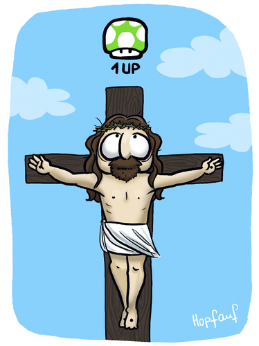 Cartoon: 1 Up (medium) by Hopfauf tagged 1up,game,spiel,jesus,kreuz,religion,leben,pilz,chance,wiederauferstehung