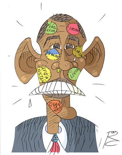 Cartoon: obamorrhagic fever (medium) by Sergey Repiov tagged obama,fever,ukraine,iraq,livia,fergyuson,afganistan,syria,guantanamo