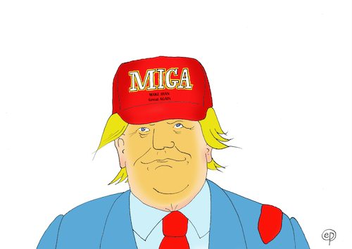 Cartoon: MIGA Make Iran great again (medium) by Erwin Pischel tagged trump,präsident,usa,krieg,iran,make,america,great,again,mütze,cap,krawatte,kriegstreiberei,macht,politik,politiker,kapitalismus,kolonialismus,waffen,bewaffnung,waffenverkauf,strategie,kriegsgewinnler,mullah,kriegsministerium,machtpolitik,ölinteressen,straße,hormus,kriegsinteressen,interesse,republikaner,partei,nahost,nahostpolitik,kriegsgebiet,krisengebiet,pulverfass,interessenkonflikt,atommacht,atomwaffen,pischel