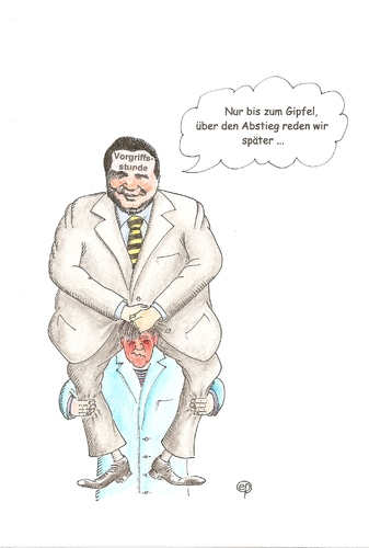 Cartoon: Vorgriffsstunde (medium) by Erwin Pischel tagged einspareffekt,einsparung,etat,haushalt,württemberg,baden,bw,cdu,mappus,vorgriffsstunde,pischel