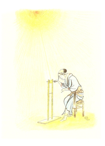 Cartoon: Woman Spinning Sun (medium) by Erwin Pischel tagged pischel,energie,regenerative,sonnenstrahlen,sunbeams,spinnen,spinning,sun,sonne,silk,seide,hokusai