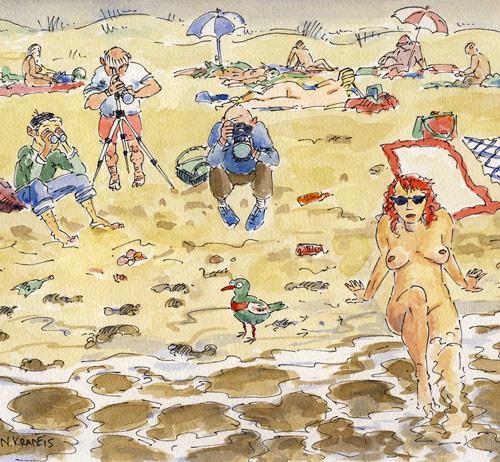 Cartoon: birdwatchers on a nude beach (medium) by neophron tagged birds,nude,beach,hobby,nature