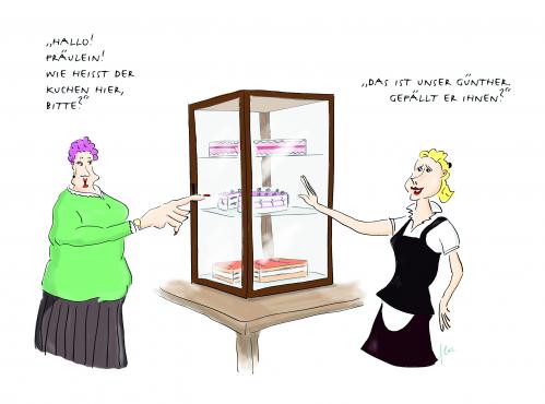 Cartoon: Kuchentheke (medium) by floc tagged kuchen,cafe,gastronomie,bedienung,torte,restaurant