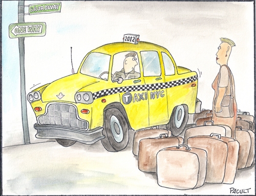 Cartoon: TAXI DRIVER (medium) by ANDRZEJ PACULT tagged taxi,driver,new,york,city,scouting,for,fares,yellow,cabs,service,nyc,luggage,capacity,where,can,get,mohawk,haircut,in