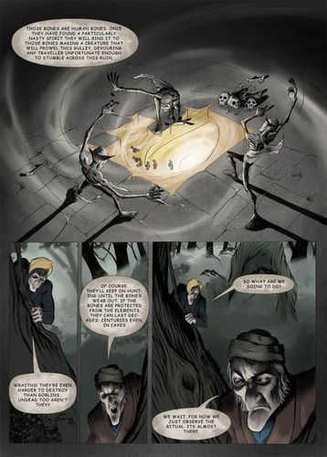 Cartoon: wraith_page04 (medium) by glasseye tagged fantasy,sword,sorcery,horror,conjure,goblin,wraith,wizard,fire,ghost,bones