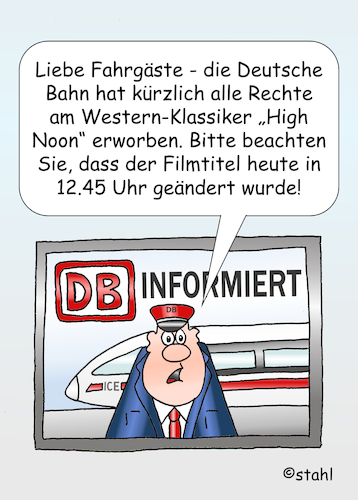 Cartoon: Deutsche Bahn-High Noon (medium) by wista tagged deutsche,bahn,db,high,noon,western,12,uhr,mittags,pünktlich,pünktlichkeit,verspätung,ansage,durchsage,information,fahrgast,fahrgäste,kunden,service,servicecenter,schaffner,gary,cooper,fred,zinnemann,zug,züge,ice,deutsche,bahn,db,high,noon,western,12,uhr,mittags,pünktlich,pünktlichkeit,verspätung,ansage,durchsage,information,fahrgast,fahrgäste,kunden,service,servicecenter,schaffner,gary,cooper,fred,zinnemann,zug,züge,ice