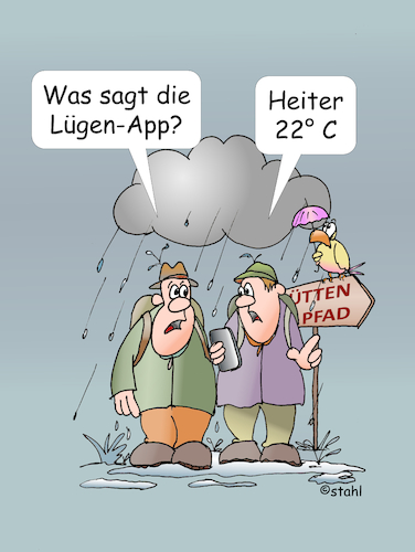 Cartoon: Wetter-App (medium) by wista tagged wetter,app,apps,store,vorhersage,wettervorhersage,prognose,tv,fernsehen,smartphone,wetterbericht,lügen,falsch,richtig,ungenau,regen,sonne,wolken,heiter,wandern,wanderung,wanderer,rucksack,tourist,starkregen,nass,nässe,kalt,kälte,wetter,app,apps,store,vorhersage,wettervorhersage,prognose,tv,fernsehen,smartphone,wetterbericht,lügen,falsch,richtig,ungenau,regen,sonne,wolken,heiter,wandern,wanderung,wanderer,rucksack,tourist,starkregen,nass,nässe,kalt,kälte