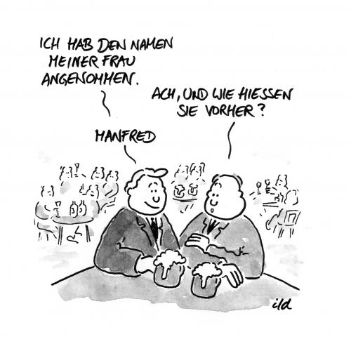 Cartoon: Der Name der Frau (medium) by achecht tagged name,hochzeit,heiraten,marriage,frau,mann,der,ehe,heirat,mann,frau,beziehung,paar,name,annehmen,herkunft,kneipe,bar