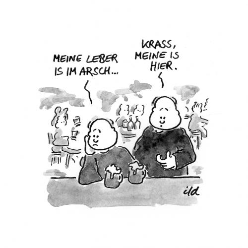 Cartoon: Leber im Arsch (medium) by achecht tagged leber,gesundheit,bier,alkohol,arsch,leberzirrhose,missverständnis,bar,kneipe,mann,gesundheit,leber,alkohol,sucht,bier,arsch,anatomie,organ