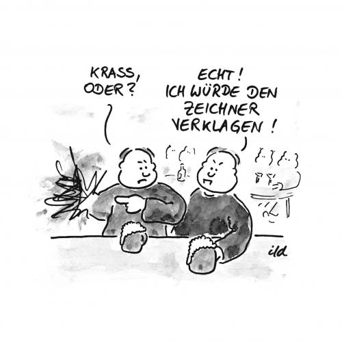 Cartoon: Zeichner verklagen (medium) by achecht tagged zeichner,zeichnung,verklagen,bar,kneipe,mann,zeichner,künstler,verklagen,klage,schadensersatz,behinderung