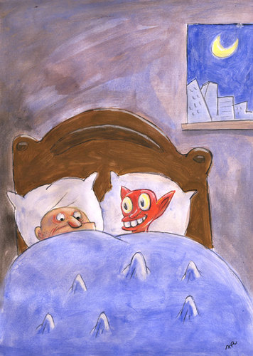 Cartoon: Alien im Bett (medium) by ari tagged alien,mann,bett,abend,schlafen,schlafzimmer,mond,überraschung