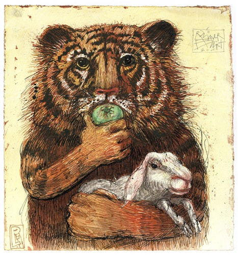 Cartoon: tiger and lamb (medium) by Rainer Ehrt tagged peace,violence,animal,paradise,vision,lamm,lamb,tiger