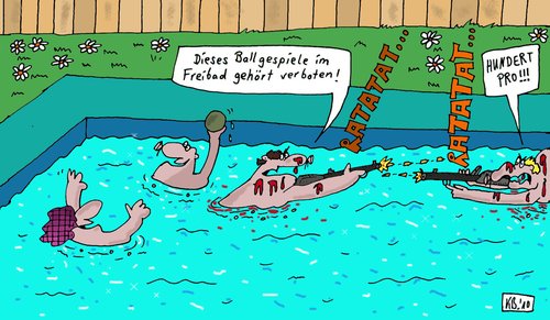 Cartoon: Ballgespiele (medium) by Leichnam tagged ballgespiele,freibad,wasser,spaß,freizeit,urlaub,sport,waffen,ballern,schießen