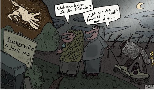 Cartoon: Baskerville (medium) by Leichnam tagged baskerville,sherlock,holmes,dr,watson,hund,jagd,krimi,pistole,kanone,leichnam