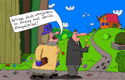 Cartoon: Dame mit Hut (medium) by Leichnam tagged dame,hut,stengelfried,bällchen,anzug,seriös,wirkung,leichnam,leichnamcartoon