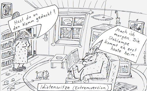 Cartoon: denken (medium) by Leichnam tagged denken,leichnam,leichnamcartoon,kamm,stehlampe,heimkehr,morgen,heute,extremversion,idiotenwitze