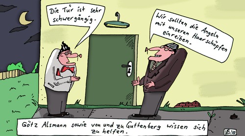 Cartoon: Die Tür (medium) by Leichnam tagged tür,schwergängig,fett,pomade,leichtgängig,götz,alsmann,guttenberg,prominenz,leichnam
