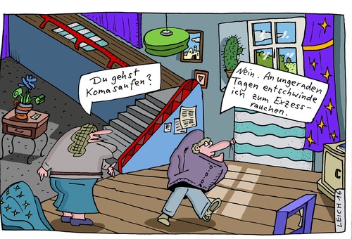 Cartoon: Du gehst? (medium) by Leichnam tagged du,gehst,komasaufen,ungerade,tage,raucher,exzess,nein,anfrage