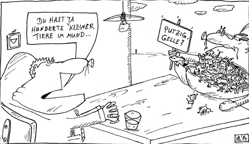 Cartoon: DU HAST JA ... (medium) by Leichnam tagged du,hast,ja,kleine,tiere,hunderte,im,mund,putzig,gelle,am,tisch,lebewesen