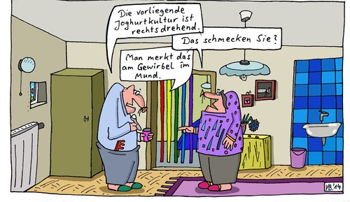 Cartoon: Ernährung (medium) by Leichnam tagged ernährung,joghurt,rechtsdrehende,kulturen,feinschmecker,gewirbel,strudel,im,mund