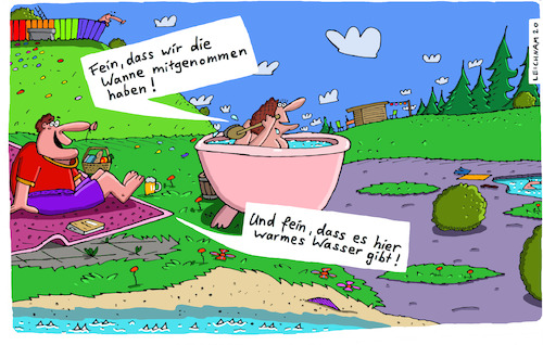 Cartoon: Fein! (medium) by Leichnam tagged fein,wanne,badewanne,mitnahme,wasser,warm,landschaft,leichnam,urlaub,freizeit,leichnamcartoon