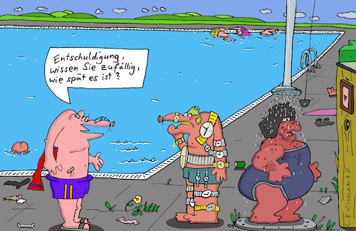Cartoon: Freibaaad! (medium) by Leichnam tagged freibad,schwimmbad,uhren,uhrenmann,zufällig,zeit,sommer,sonne,schwitzen,urlaub,leichnamcartoon