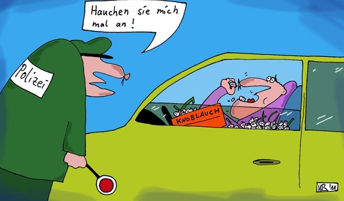 Cartoon: Freund und Helfer (medium) by Leichnam tagged freund,und,helfer,polizei,kontrolle,leichnam,knoblauch,essen,gestank,fahne,kelle,aufforderung,alkohol