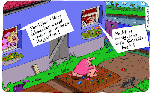 Cartoon: Furchtbar! (medium) by Leichnam tagged furchtbar,schmecker,kacken,fäkalien,vorgarten,getreidebeet,blumenbeet,leichnam,leichnamcartoon