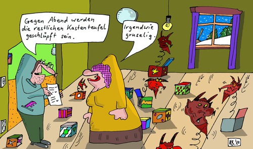 Cartoon: Gegen Abend (medium) by Leichnam tagged gegen,abend,kastenteufel,brut,schlüpfen,gruselig,unheimlich,leichnam,scherzartikel,sprungfeder